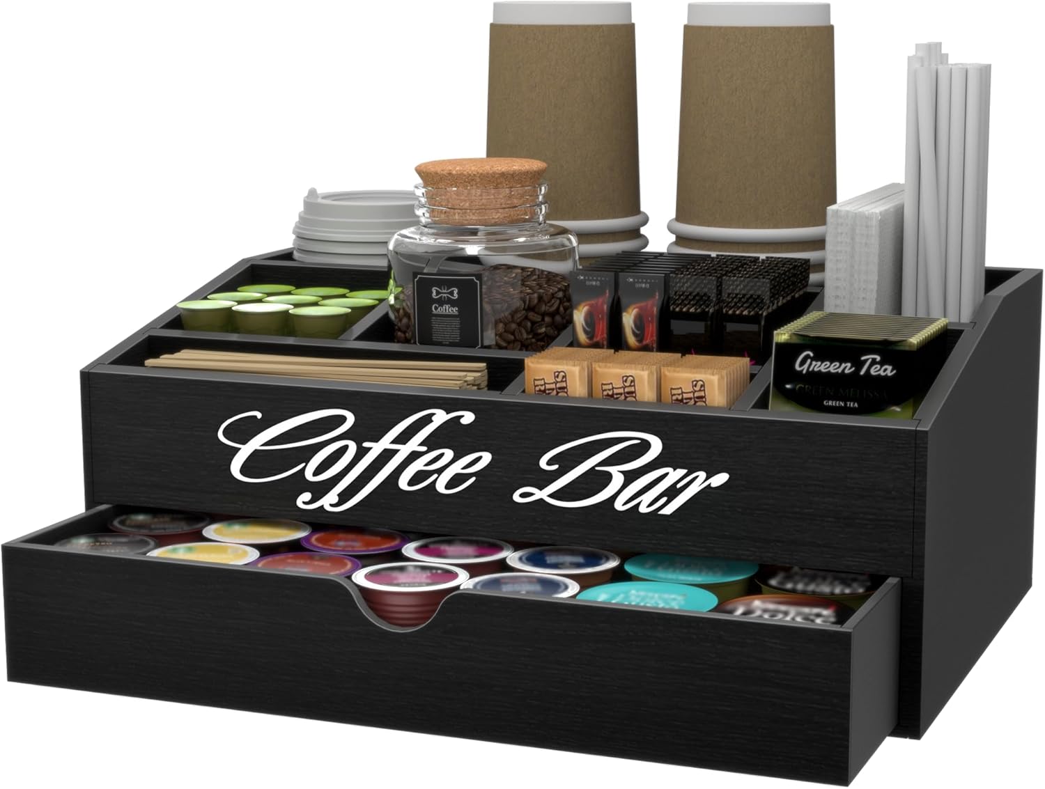 Coffee Tea Drawer Organizer - Extra Large Wooden Coffee Bar Organizer