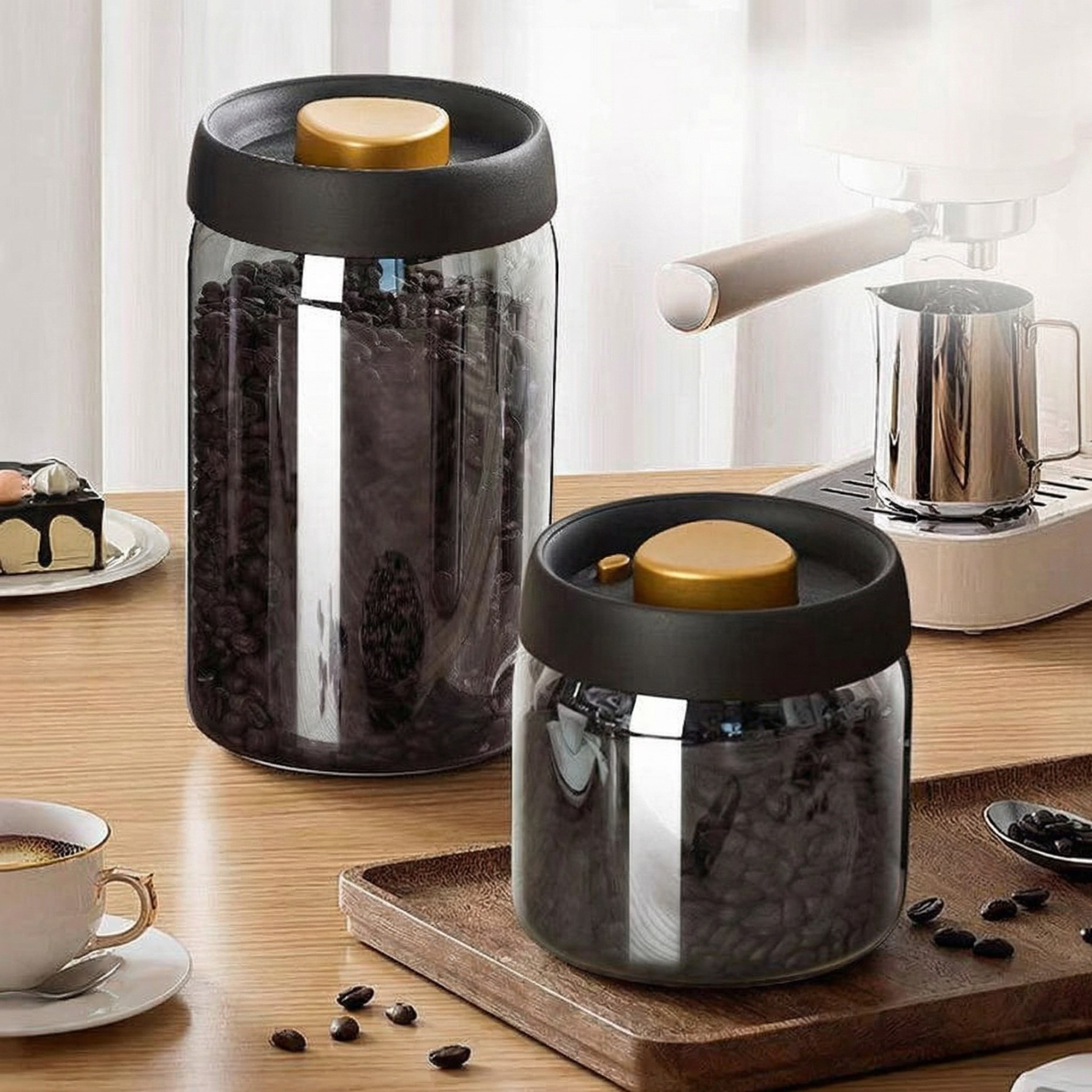 Coffee Tea Canister Set - Vacuum Coffee Canister Press-Type Airtight Glass
