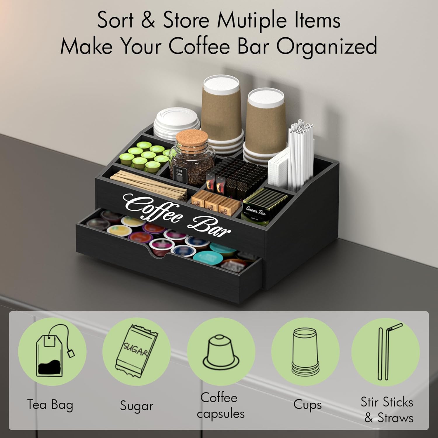 Extra Large Wooden Coffee Bar  – Coffee Tea Drawer Organizer Bewertung und Preis