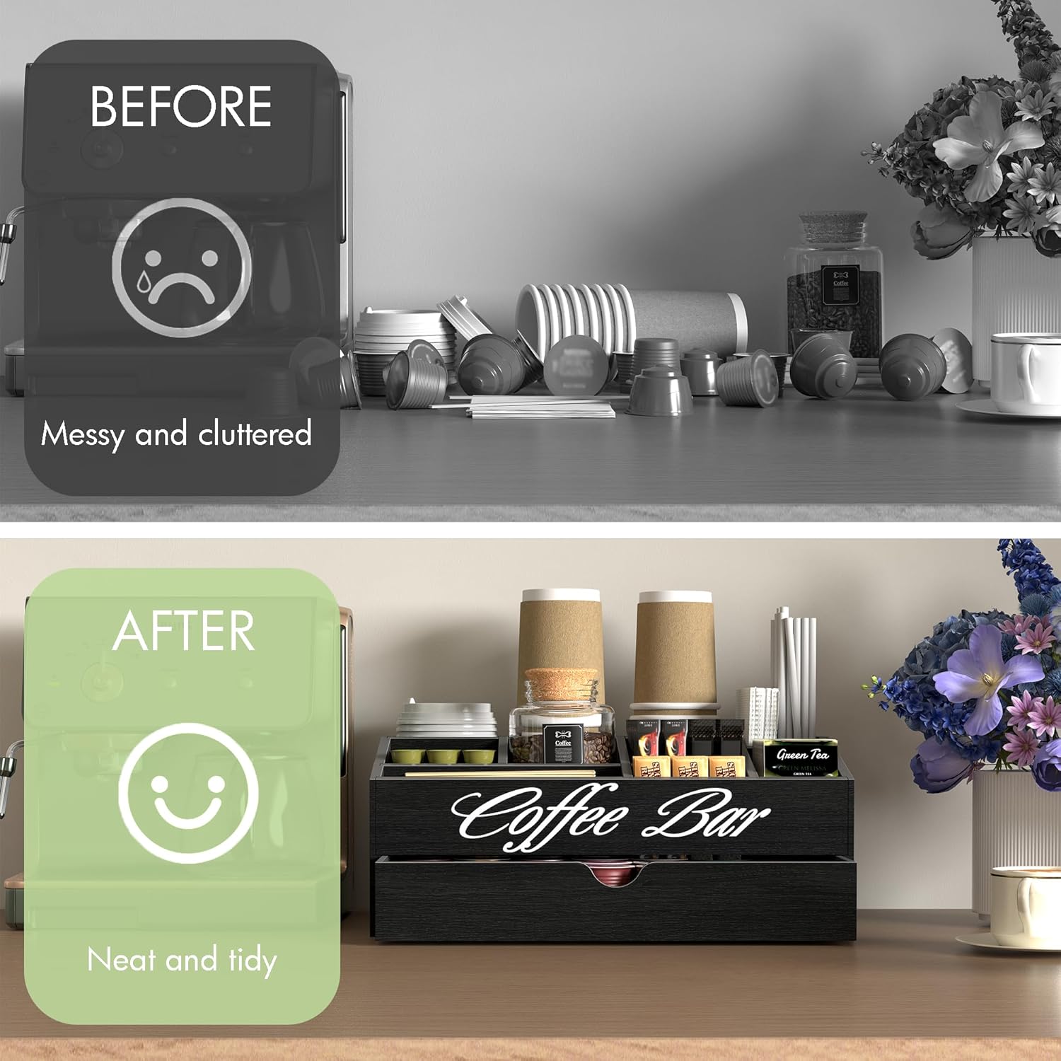 Extra Large Wooden Coffee Bar  – Coffee Tea Drawer Organizer Bewertung und Preis